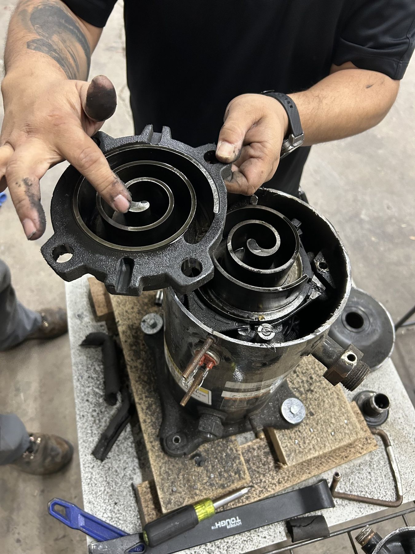 SRV technician holding an opened scroll compressor apart to show the scroll set during a teardown in Colorado Springs