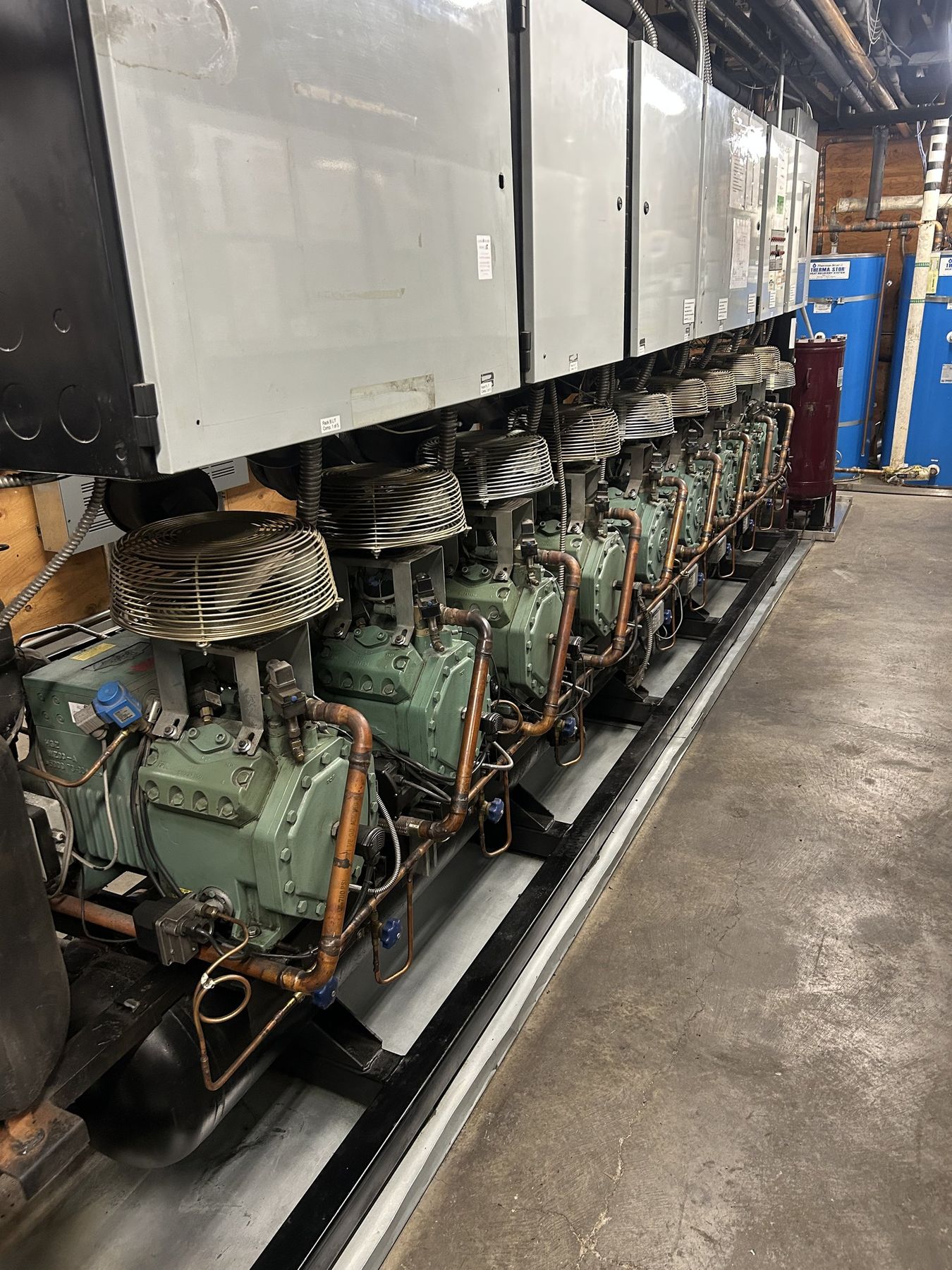 Row of green Bitzer compressors on a parallel refrigeration rack in a machine room in St. George, Utah